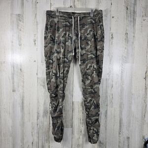 M society faded camo denim joggers, zipper ankles, ruched leg women's size XL